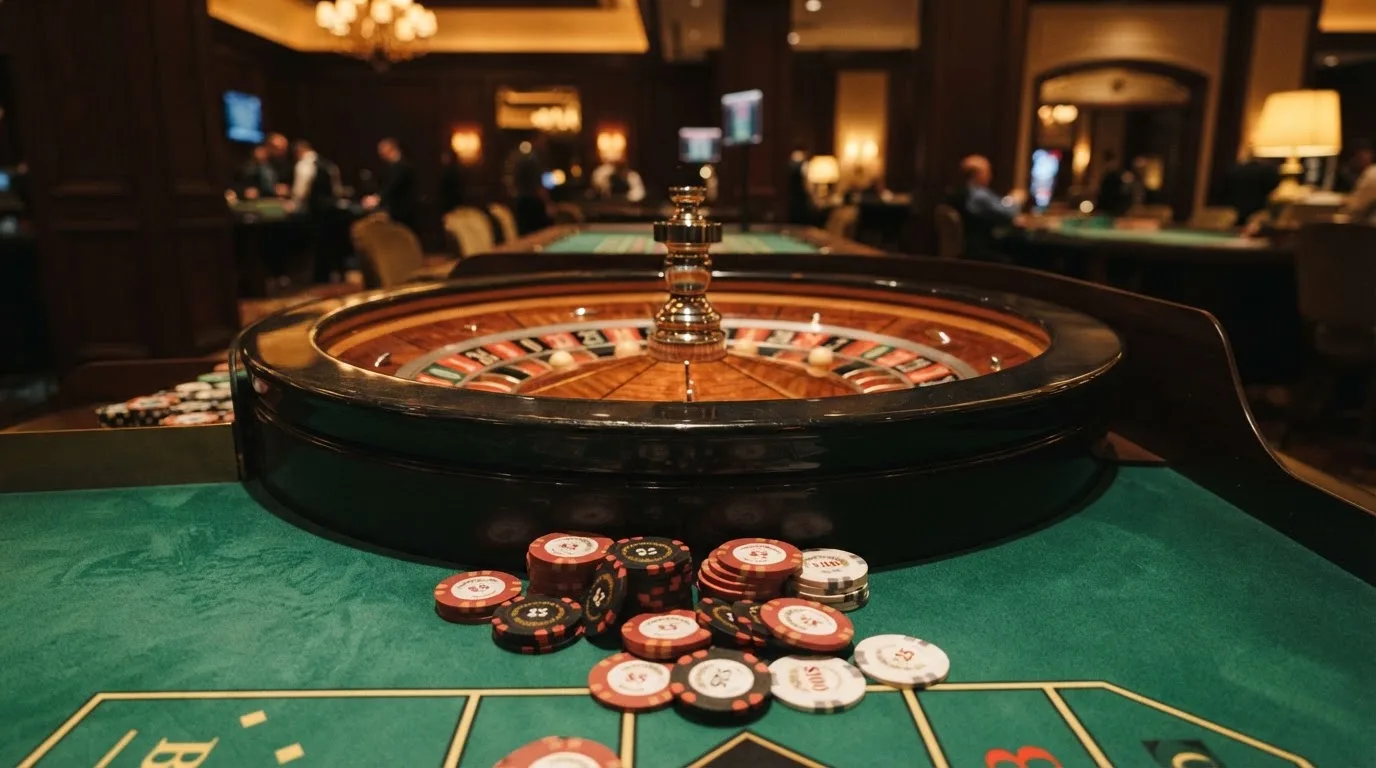 Roulettehjul och spelmarker på grön filt i varmt kvällsljus — 10 euro casino i sverige
