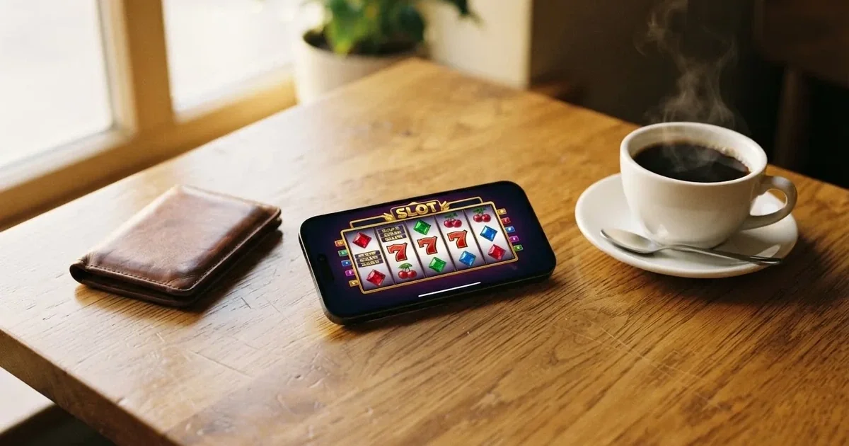 Mobiltelefon på ett träbord bredvid en plånbok och en kopp kaffe — 10 euro casino i sverige