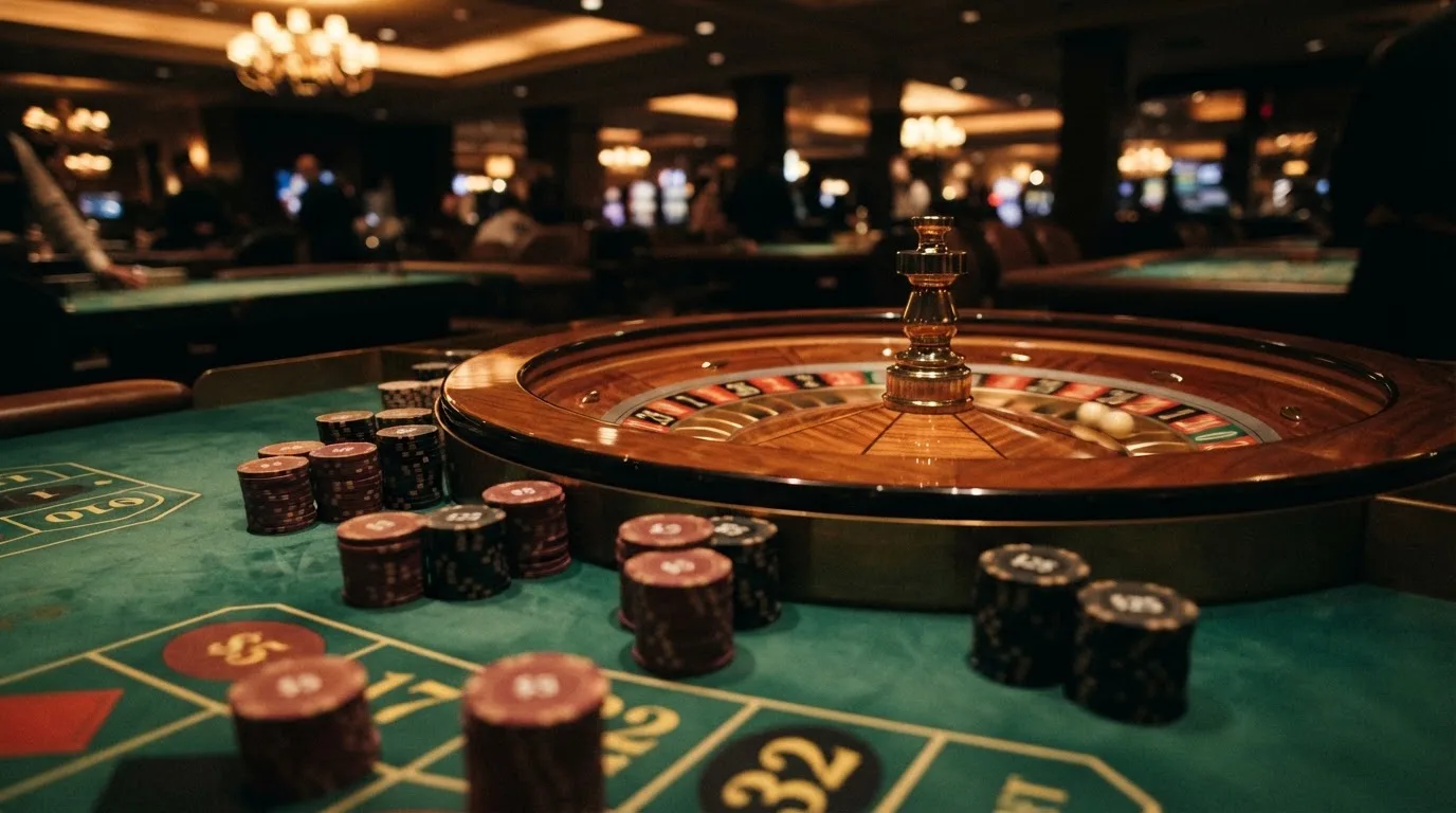 Roulettehjul och spelmarker på grön filt i varmt kvällsljus — 10 free spins casino i sverige