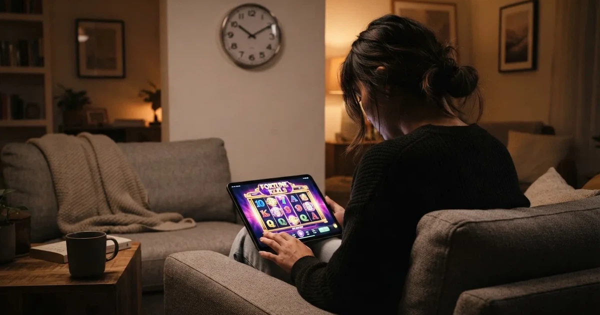 Person i en soffa ser eftertänksamt på en surfplatta, en klocka på väggen bakom — 10 free spins casino i sverige