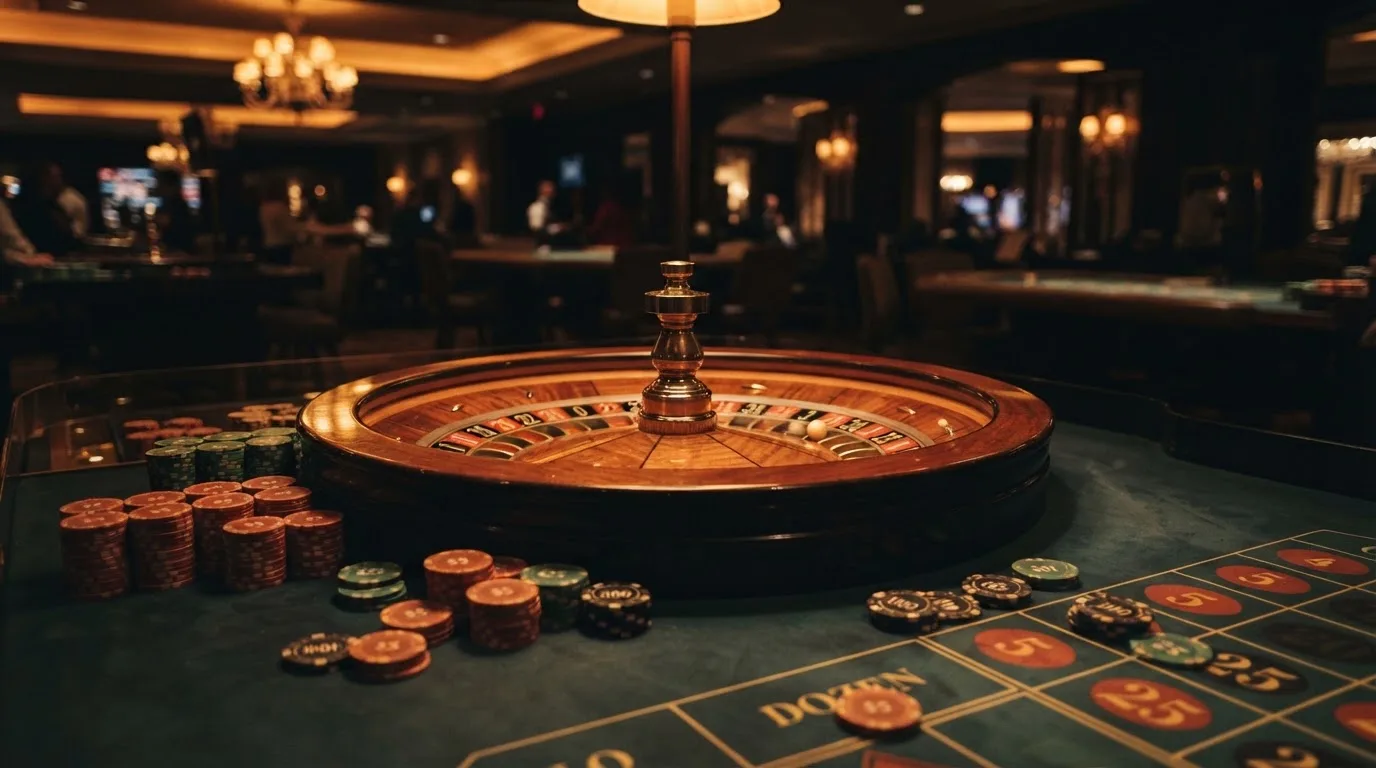Roulettehjul och spelmarker på grön filt i varmt kvällsljus — 10 kr casino i sverige