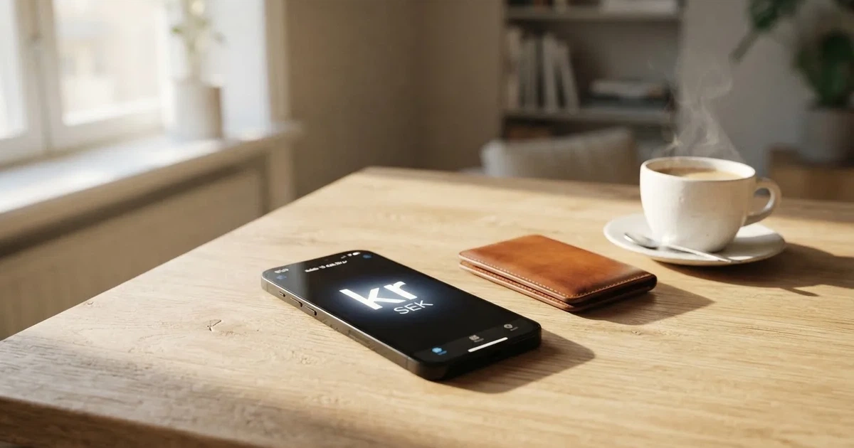 Mobiltelefon på ett träbord bredvid en plånbok och en kopp kaffe — 10 kr casino i sverige
