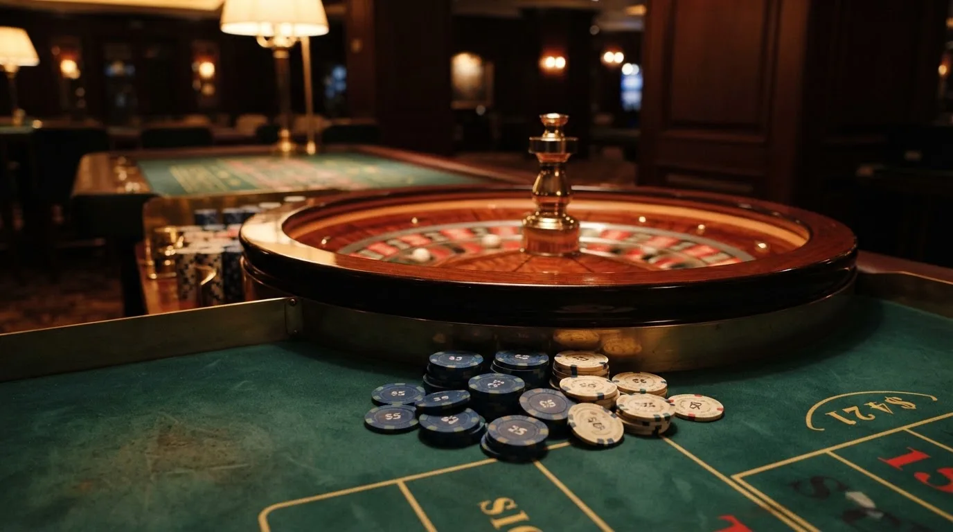Roulettehjul och spelmarker på grön filt i varmt kvällsljus — 100 euro casino i sverige