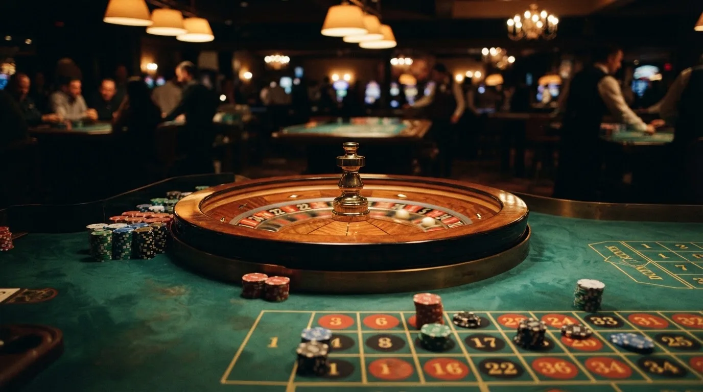 Roulettehjul och spelmarker på grön filt i varmt kvällsljus — 100 free spins casino i sverige