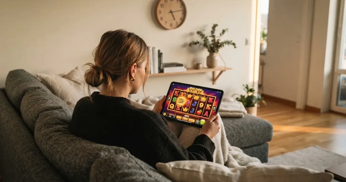 Person i en soffa ser eftertänksamt på en surfplatta, en klocka på väggen bakom — 100 free spins casino i sverige