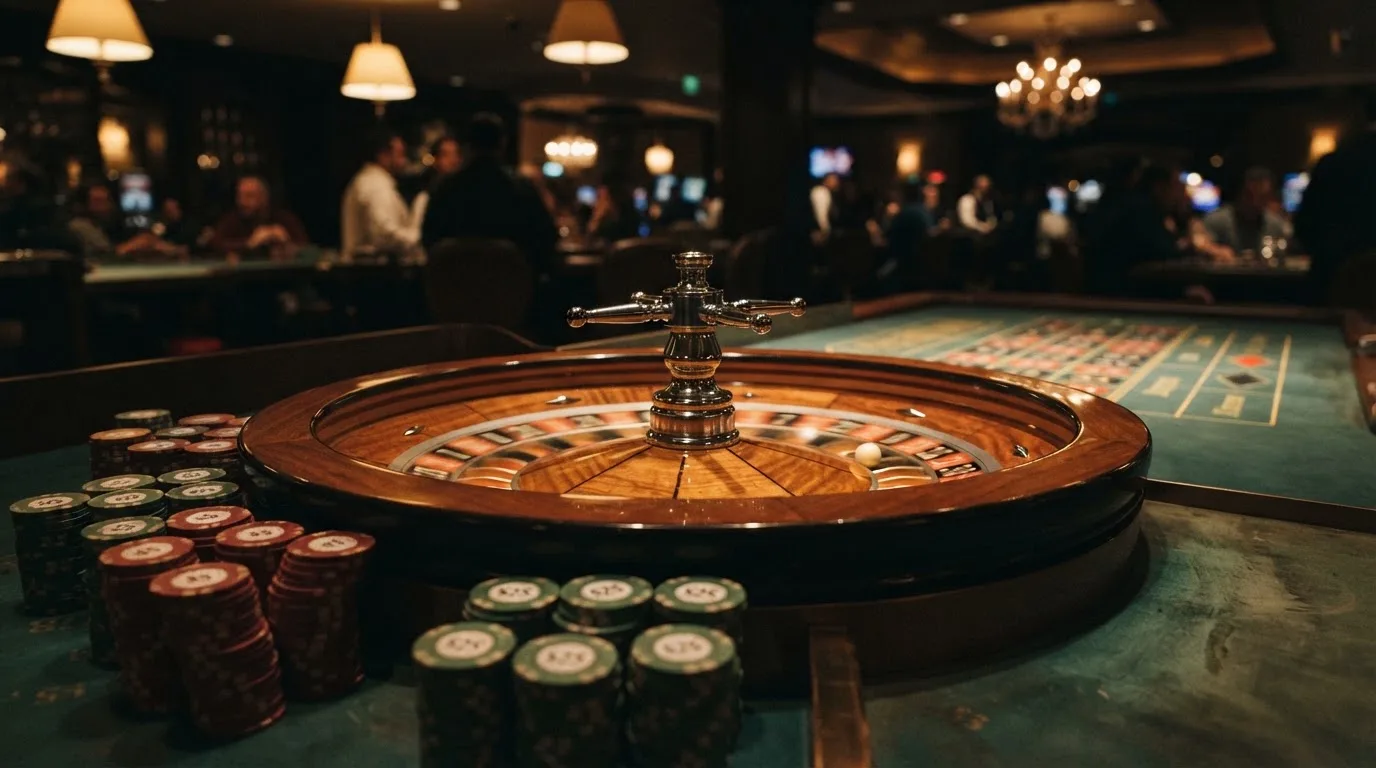 Roulettehjul och spelmarker på grön filt i varmt kvällsljus — 150 free spins casino i sverige