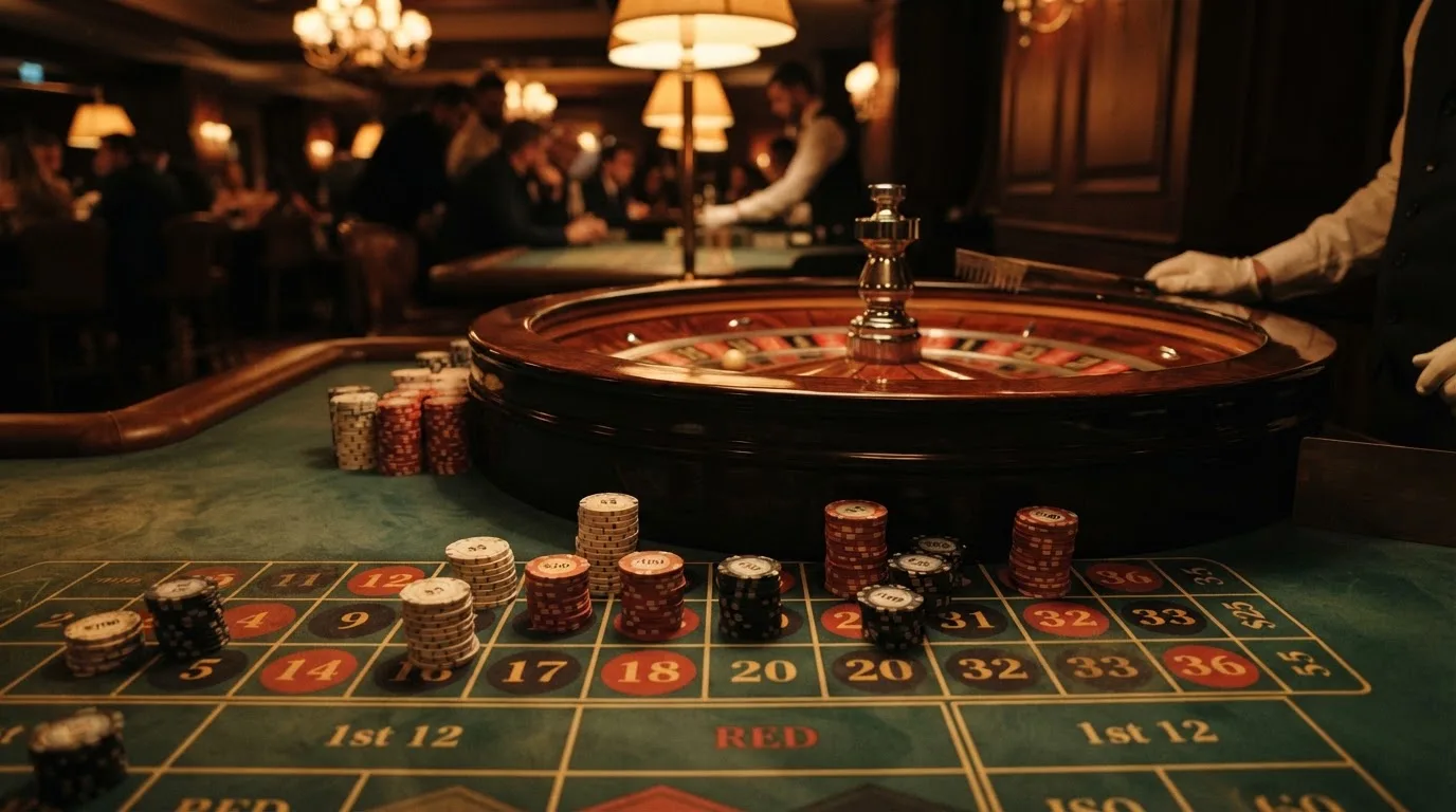 Roulettehjul och spelmarker på grön filt i varmt kvällsljus — bästa blackjack i sverige