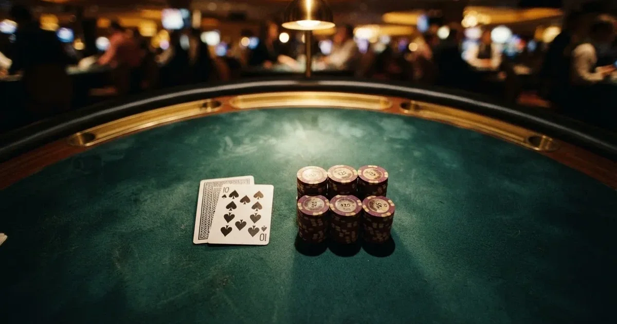 Upplyst spelbord med kort, sett ovanifrån — bästa blackjack i sverige
