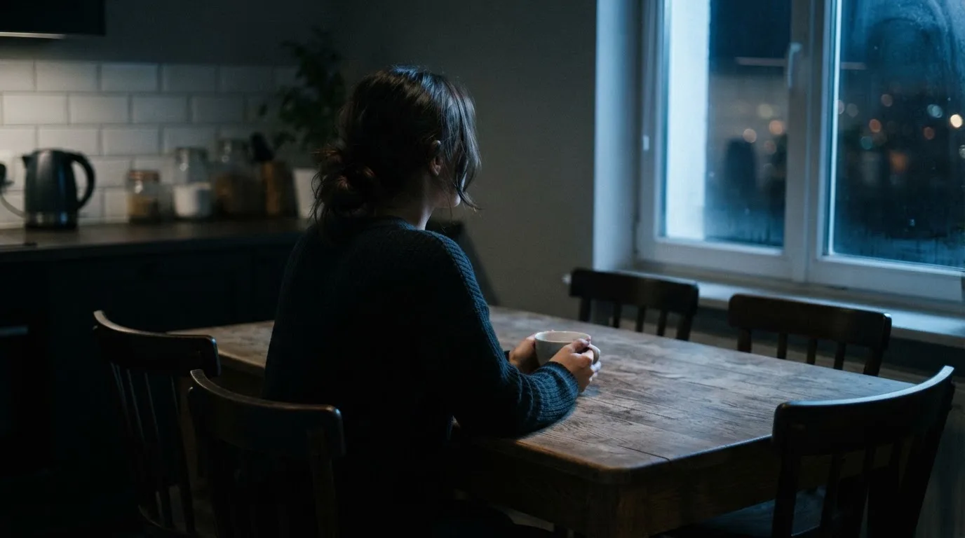 En person sitter ensam vid ett köksbord med händerna runt en kopp te och blicken riktad mot fönstret.