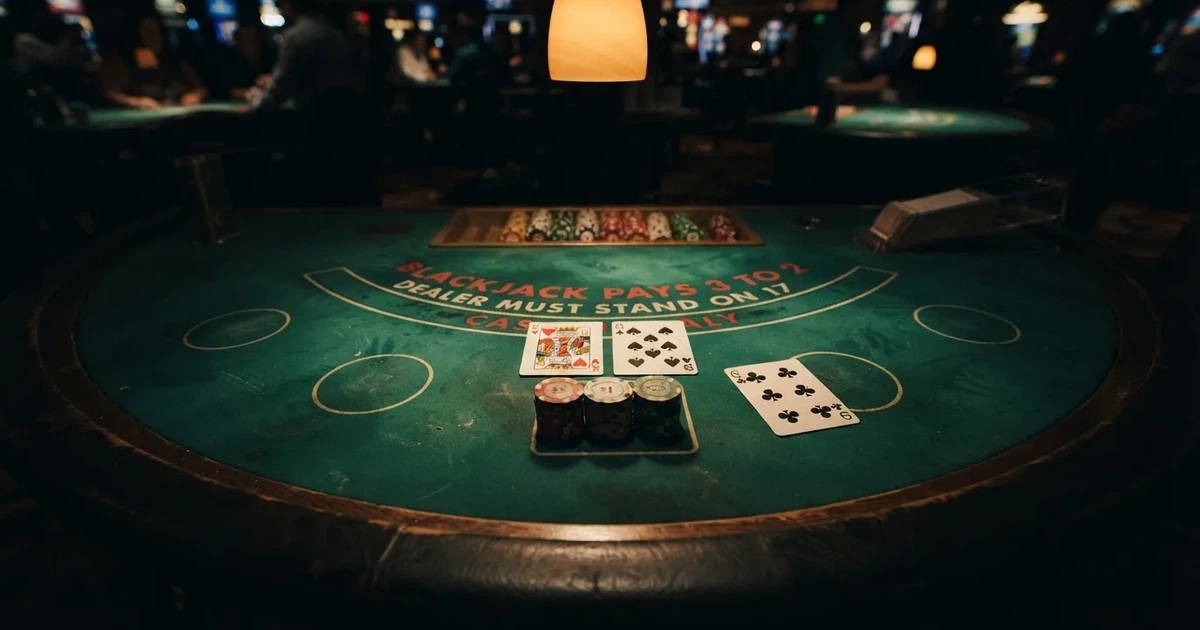 Upplyst spelbord med kort, sett ovanifrån — blackjack gratis i sverige