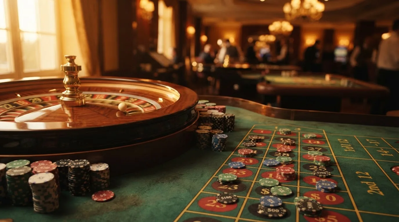 Roulettehjul och spelmarker på grön filt i varmt kvällsljus — blackjack med live dealer i sverige