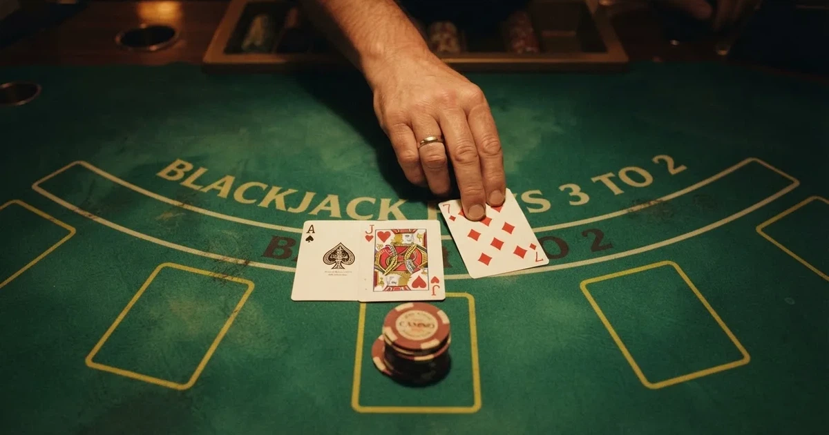 Upplyst spelbord med kort, sett ovanifrån — blackjack med live dealer i sverige