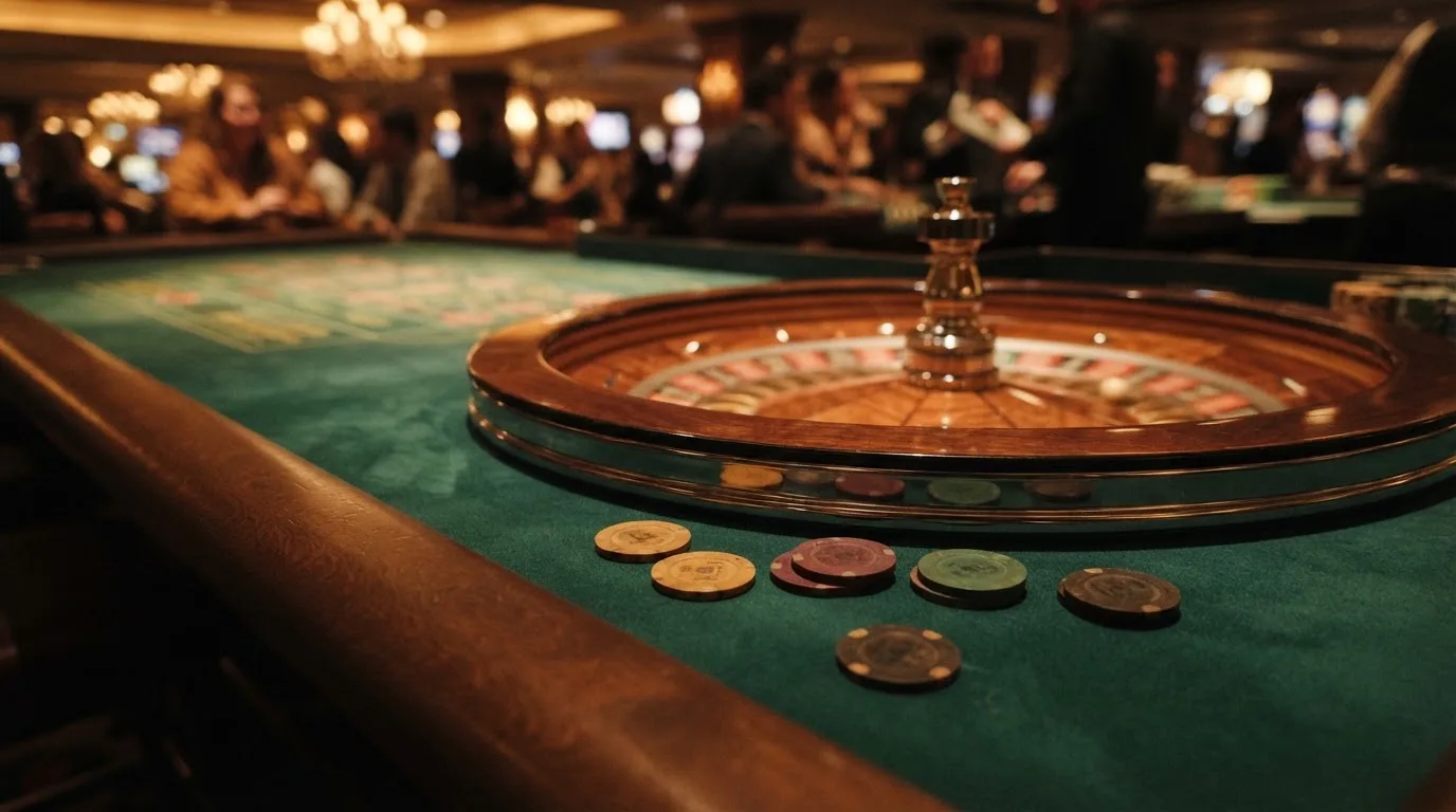 Roulettehjul och spelmarker på grön filt i varmt kvällsljus — blackjack på nätet i sverige