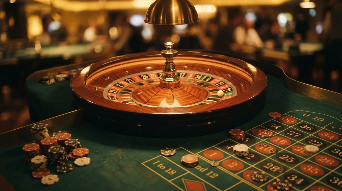 Roulettehjul och spelmarker på grön filt i varmt kvällsljus — bra svenska casinon