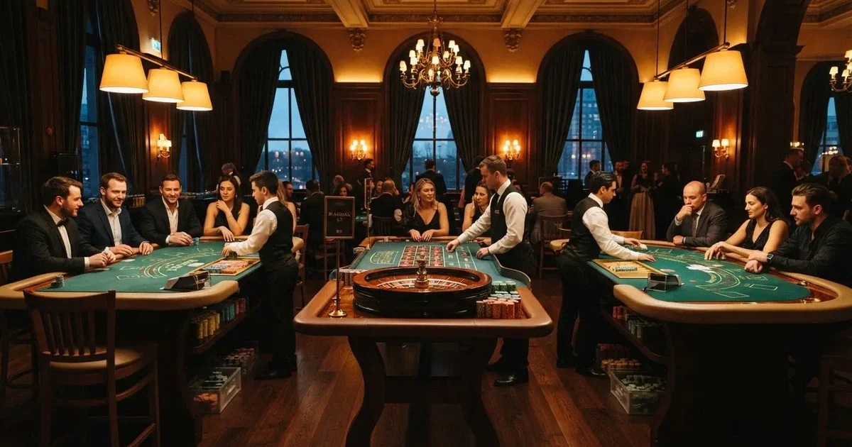 Tre olika spelbord bredvid varandra i en lugn, varmt upplyst spelsal — bra svenska casinon