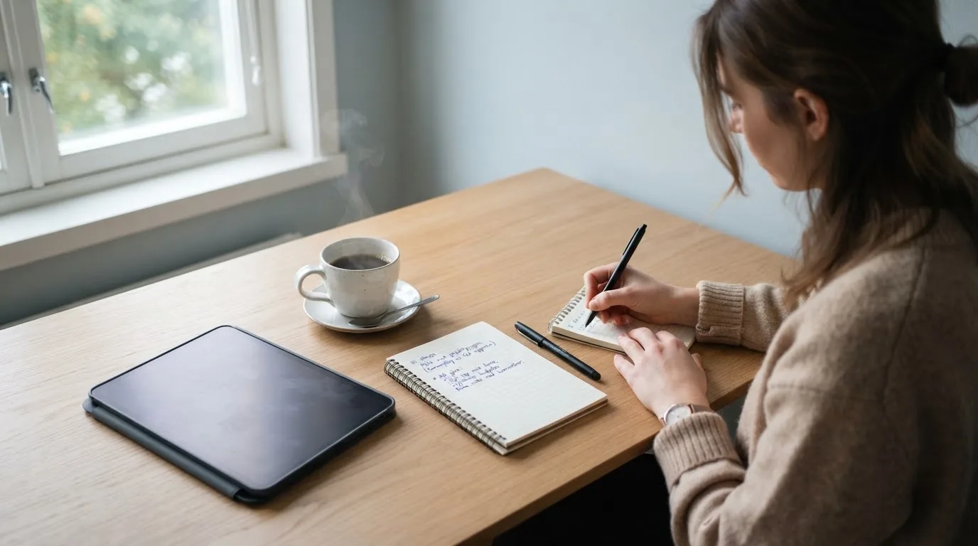 En person sitter vid ett skrivbord hemma med en surfplatta nedvänd bredvid en kopp kaffe i morgonljus.