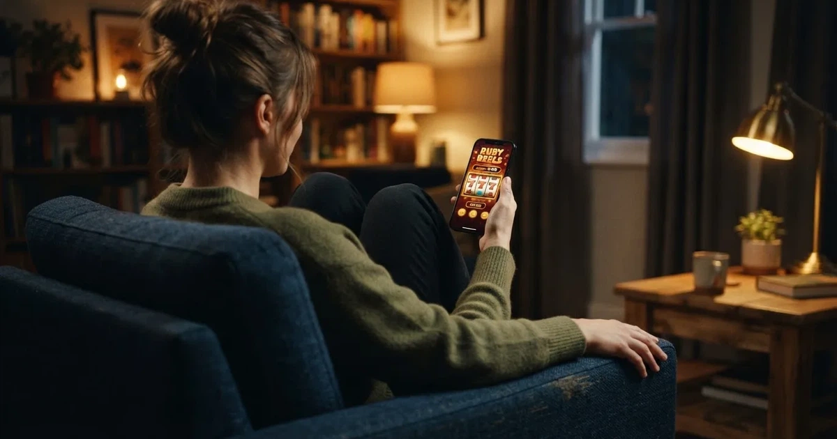 En hand håller en smartphone med skärmen vänd nedåt medan personen sitter i en fåtölj i mjukt kvällsljus.
