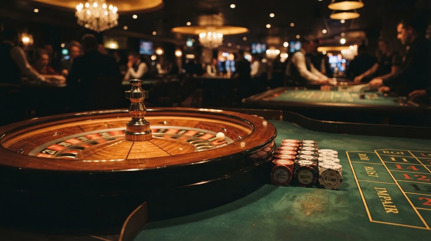 Roulettehjul och spelmarker på grön filt i varmt kvällsljus — casino guider för svenskar