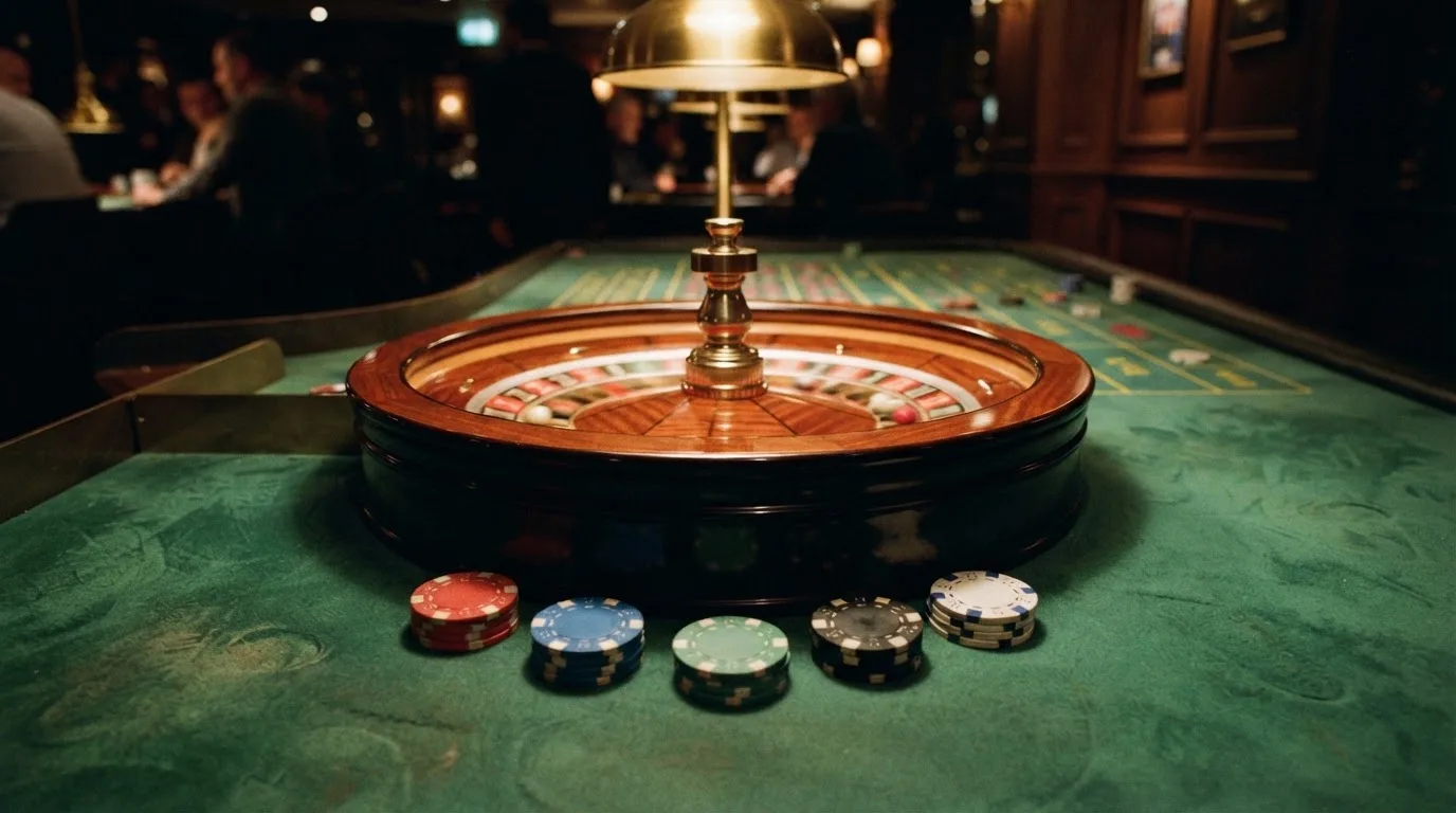 Roulettehjul och spelmarker på grön filt i varmt kvällsljus — casino regler för svenskar