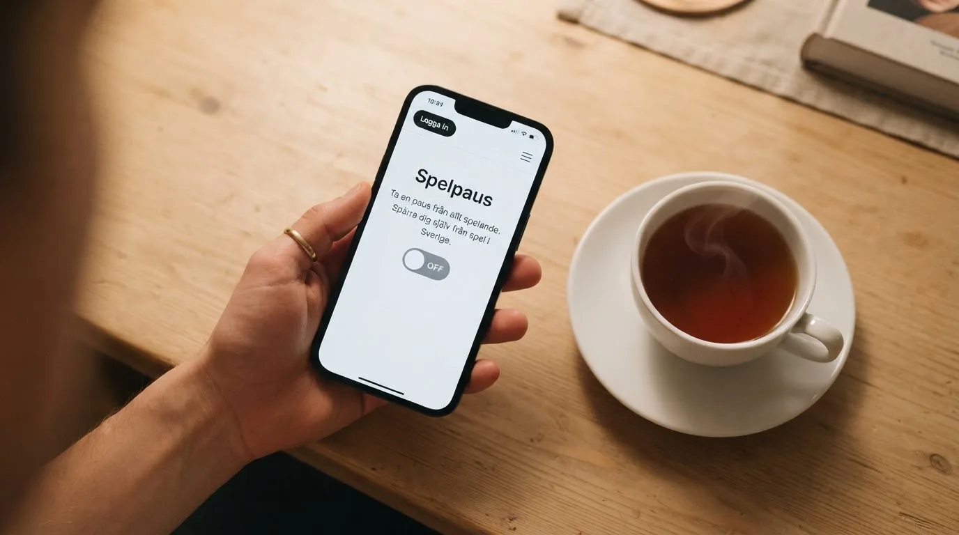 Hand håller en mobiltelefon bredvid en kopp te vid ett köksbord en lugn kväll — casino regler för svenskar