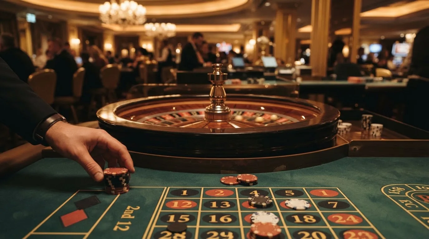 Roulettehjul och spelmarker på grön filt i varmt kvällsljus — casinon med bankid i sverige