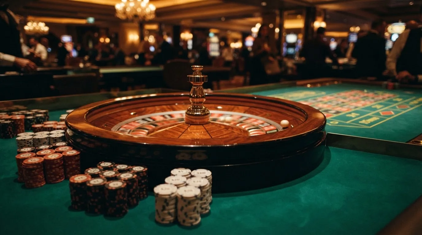 Roulettehjul och spelmarker på grön filt i varmt kvällsljus — casinon med curaçao licens