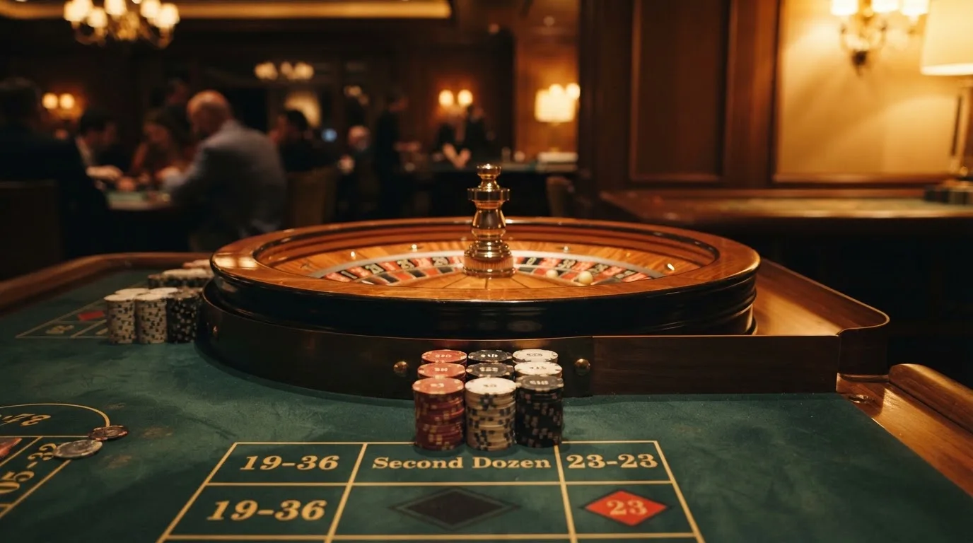 Roulettehjul och spelmarker på grön filt i varmt kvällsljus — casinon med jackpot i sverige