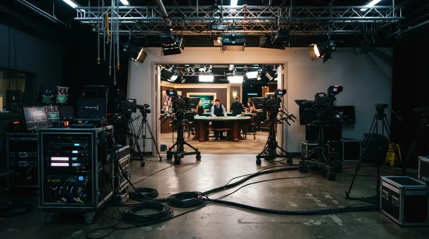 En tekniker kontrollerar kameror och kablar bakom kulisserna i ett studioliknande rum utan synliga personer i förgrunden.