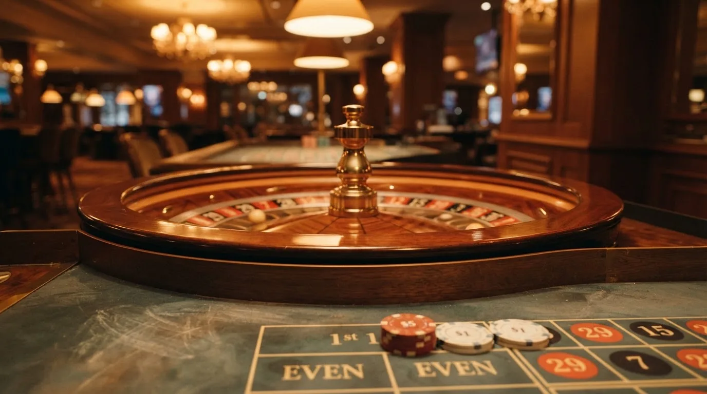 Roulettehjul och spelmarker på grön filt i varmt kvällsljus — casinon med slots i sverige