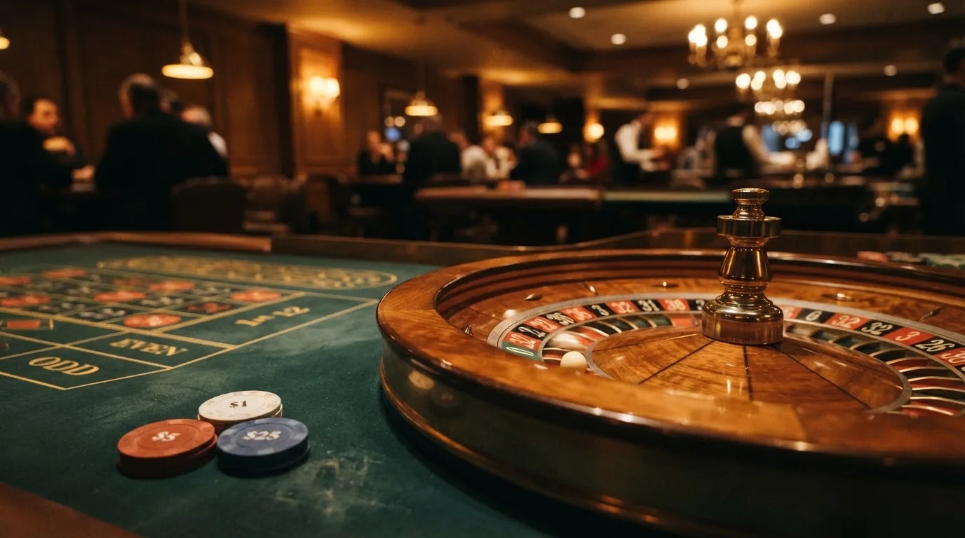 Roulettehjul och spelmarker på grön filt i varmt kvällsljus — casinon med uttag i sverige