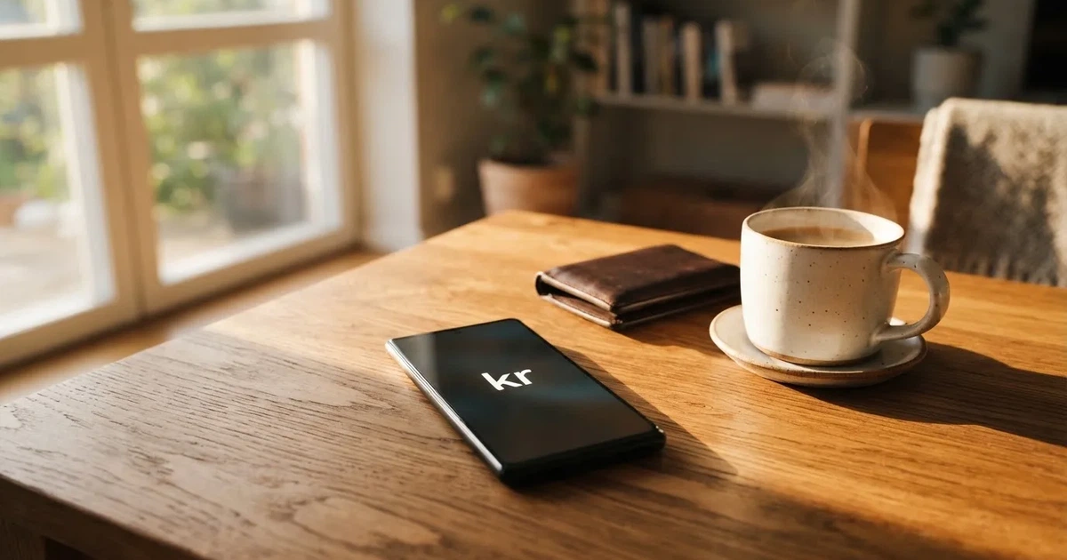 Mobiltelefon på ett träbord bredvid en plånbok och en kopp kaffe — casinon med uttag i sverige