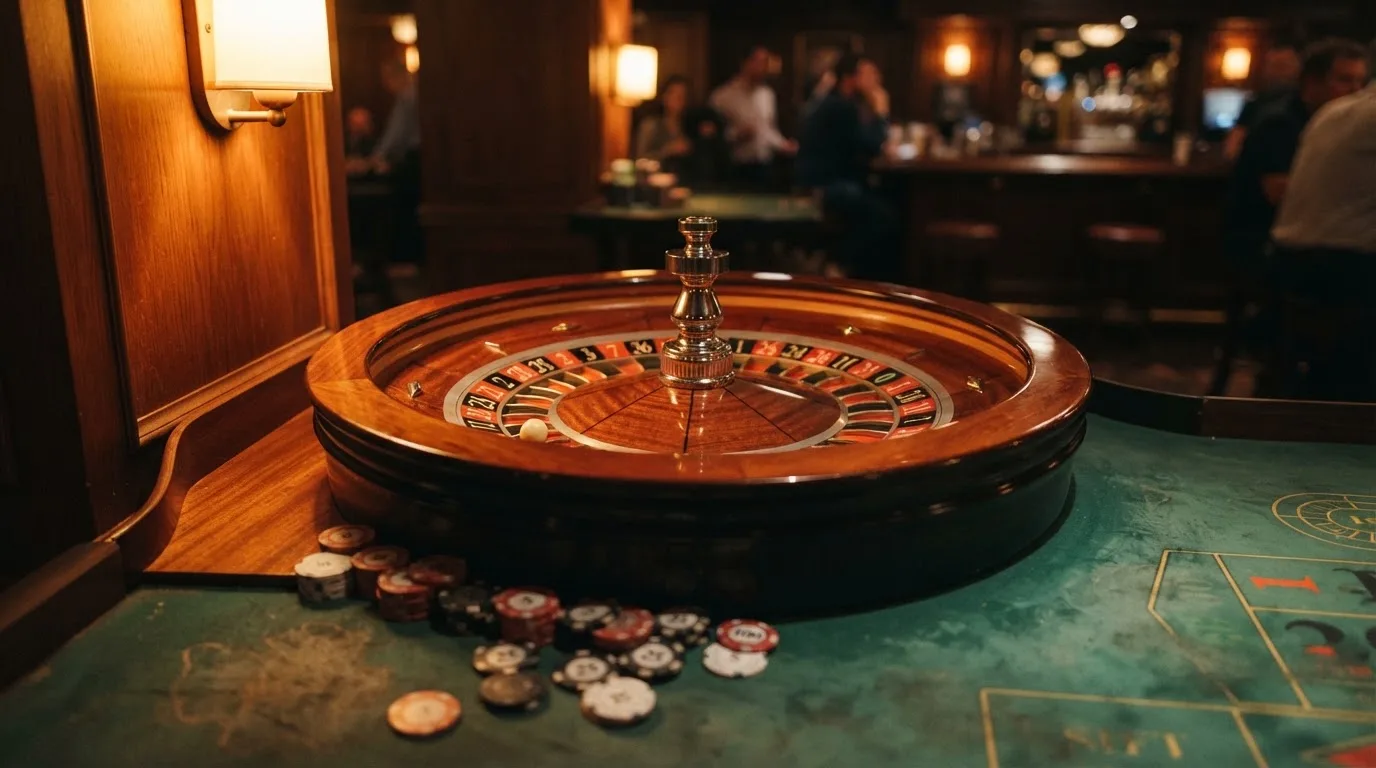 Roulettehjul och spelmarker på grön filt i varmt kvällsljus — casinon utan bankid i sverige