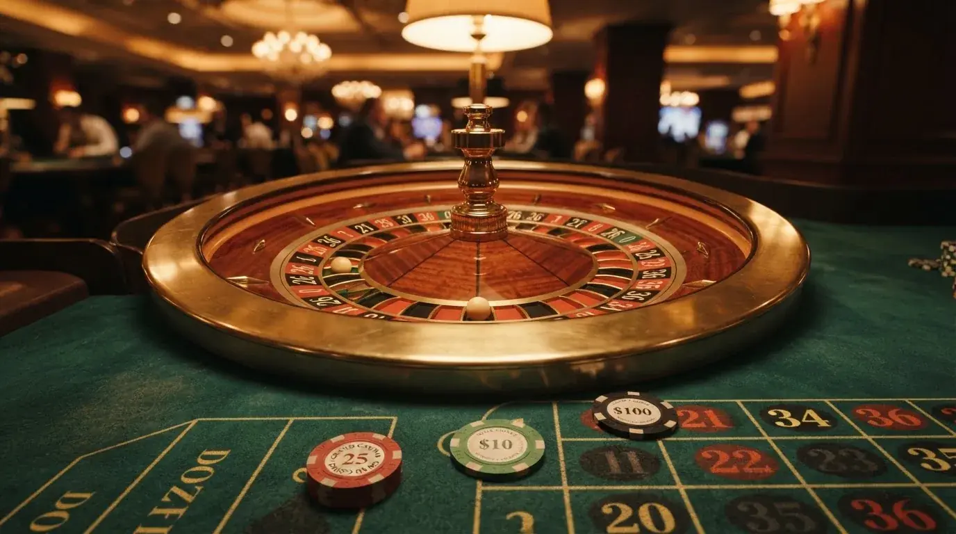 Roulettehjul och spelmarker på grön filt i varmt kvällsljus — casinon utan spelgräns i sverige