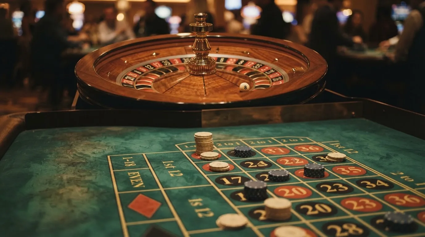 Roulettehjul och spelmarker på grön filt i varmt kvällsljus — lightning roulette i sverige