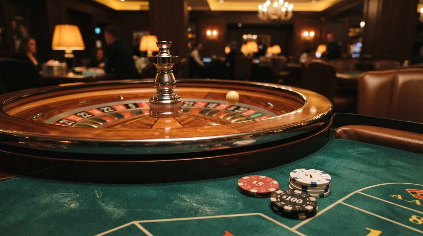 Roulettehjul och spelmarker på grön filt i varmt kvällsljus — svenska casinon med bitcoin