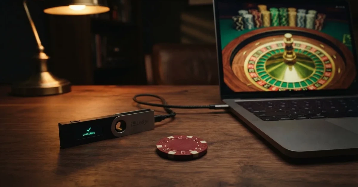 Hårdvaruplånbok och bärbar dator på ett skrivbord i dämpat ljus — svenska casinon med bitcoin