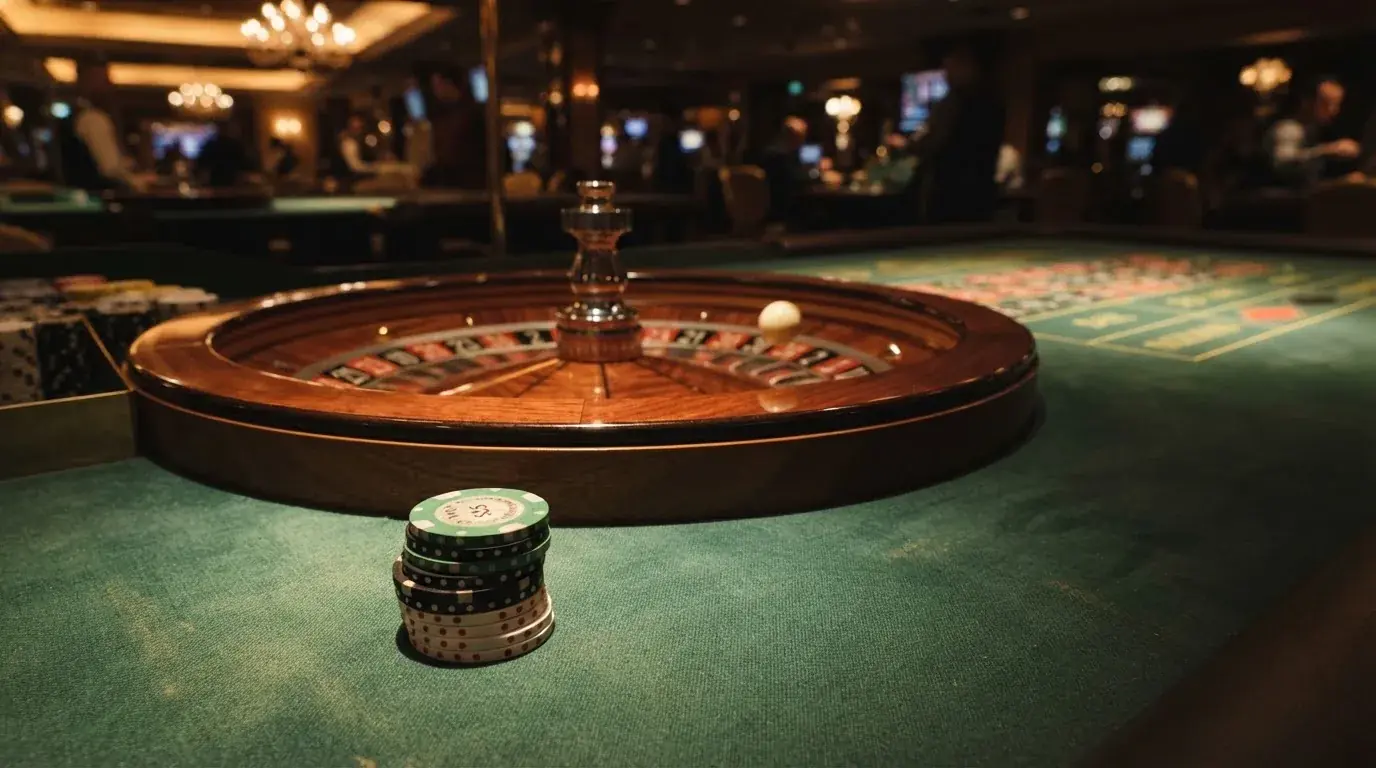 Roulettehjul och spelmarker på grön filt i varmt kvällsljus — svenska casinon med dogecoin
