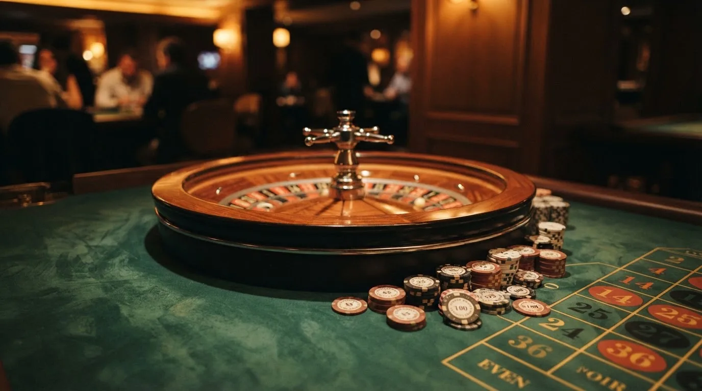 Roulettehjul och spelmarker på grön filt i varmt kvällsljus — svenska casinon på android