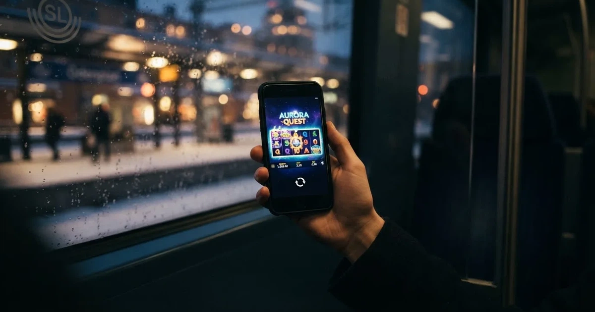 Mobiltelefon i handen på en pendeltåg i Stockholm en vinterkväll — svenska casinon på android